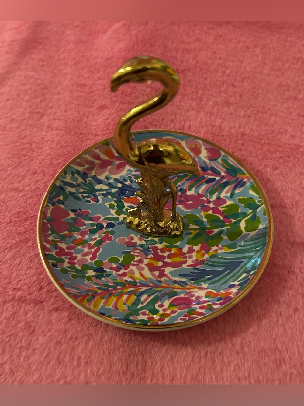 Gold flamingo ceramic trinket ring dish in catch the wave print